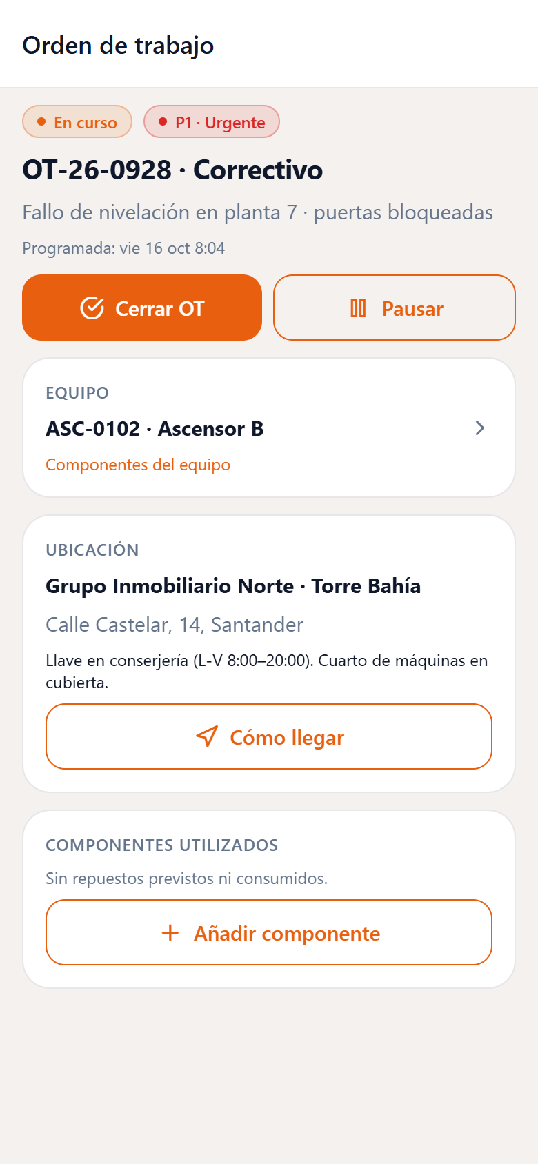 Sección Componentes utilizados de una OT: previstos, consumidos y añadir