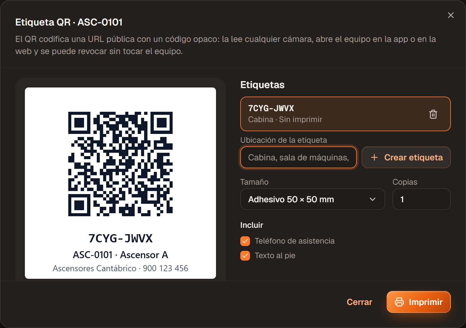 Diálogo Etiqueta QR: vista previa, lista de etiquetas del equipo, tamaño y datos a incluir