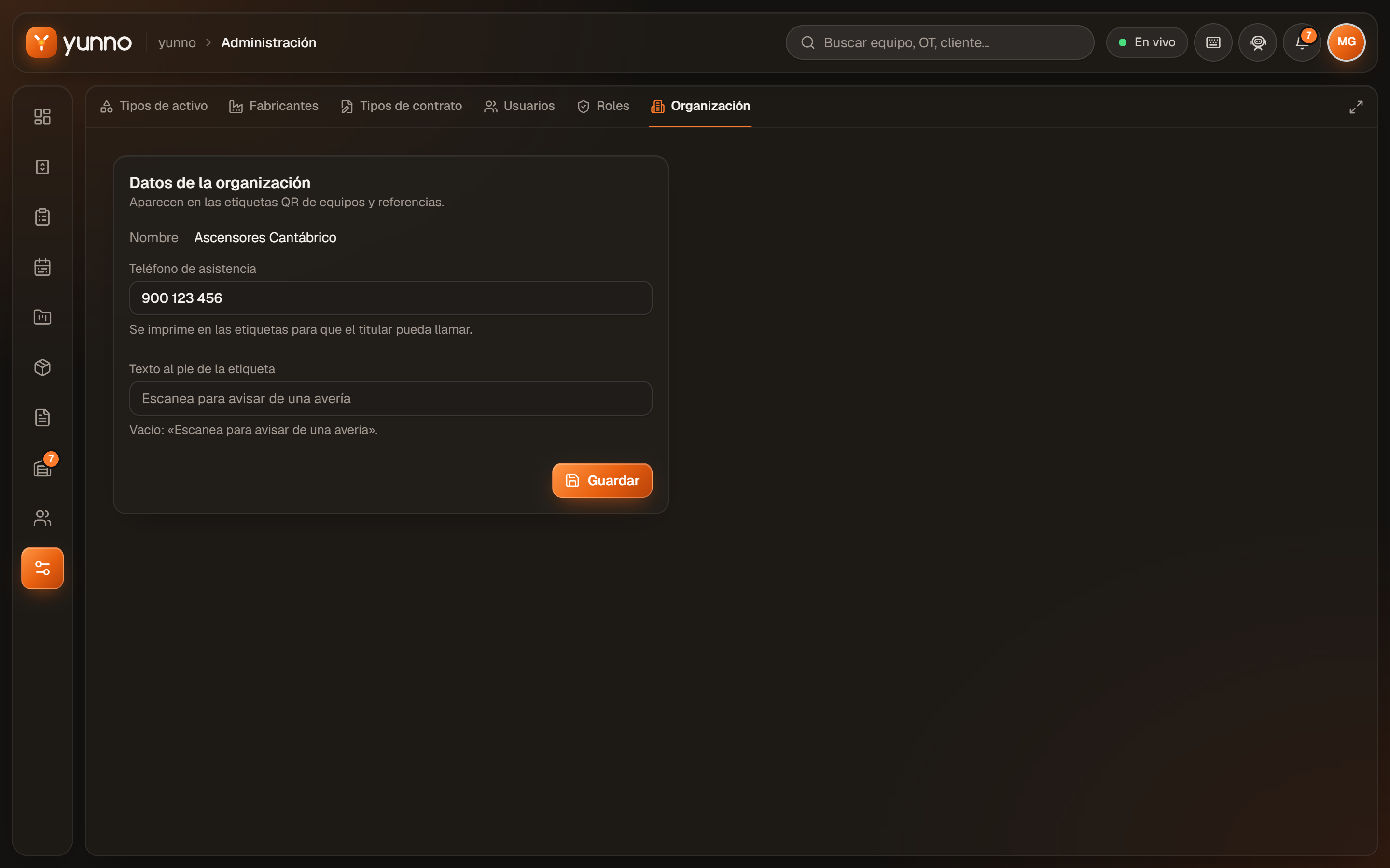 Administración › Organización: teléfono de asistencia y texto al pie de las etiquetas