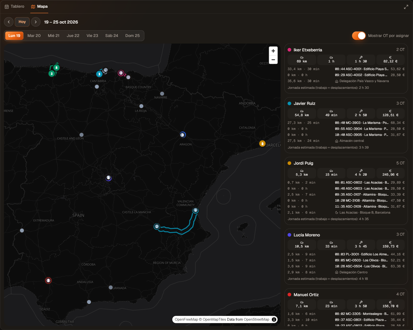 Mapa de rutas: el recorrido de cada técnico en el día elegido, con distancias, tiempos y coste